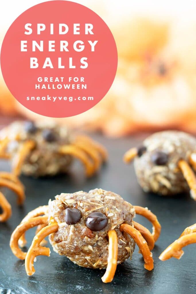 energy balls decorated like spiders for Halloween