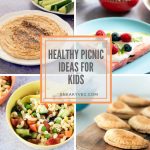 four shots of healthy picnic ideas for kids - hummus, watermelon, pasta salad and empanadas