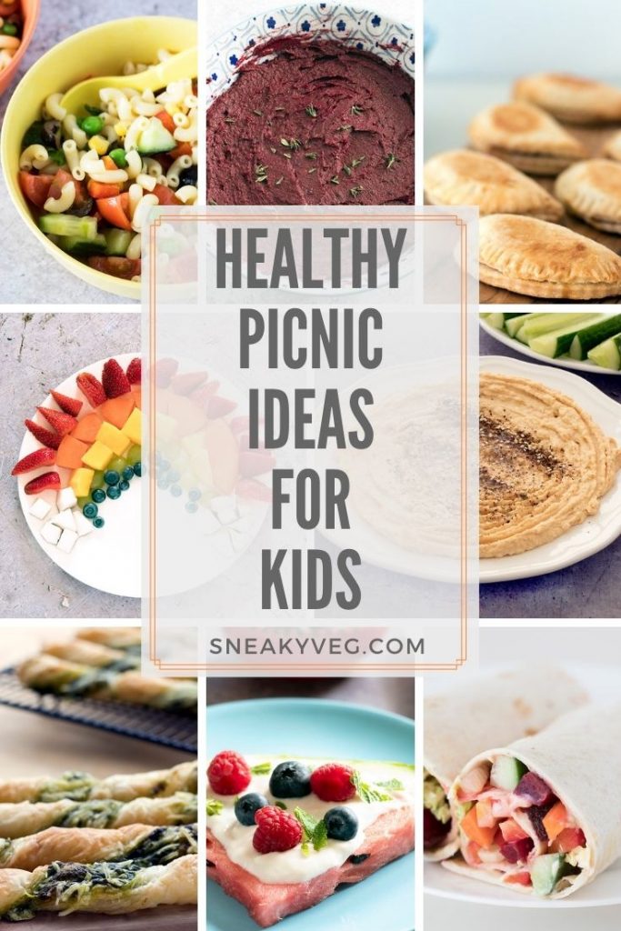 photos of healthy kids picnic food - pasta salad, beetroot dip, empanada, hummus, rainbow fruit salad, pesto twists, watermelon and wraps