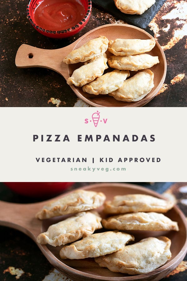 two shots of pizza empanadas on brown wooden plate