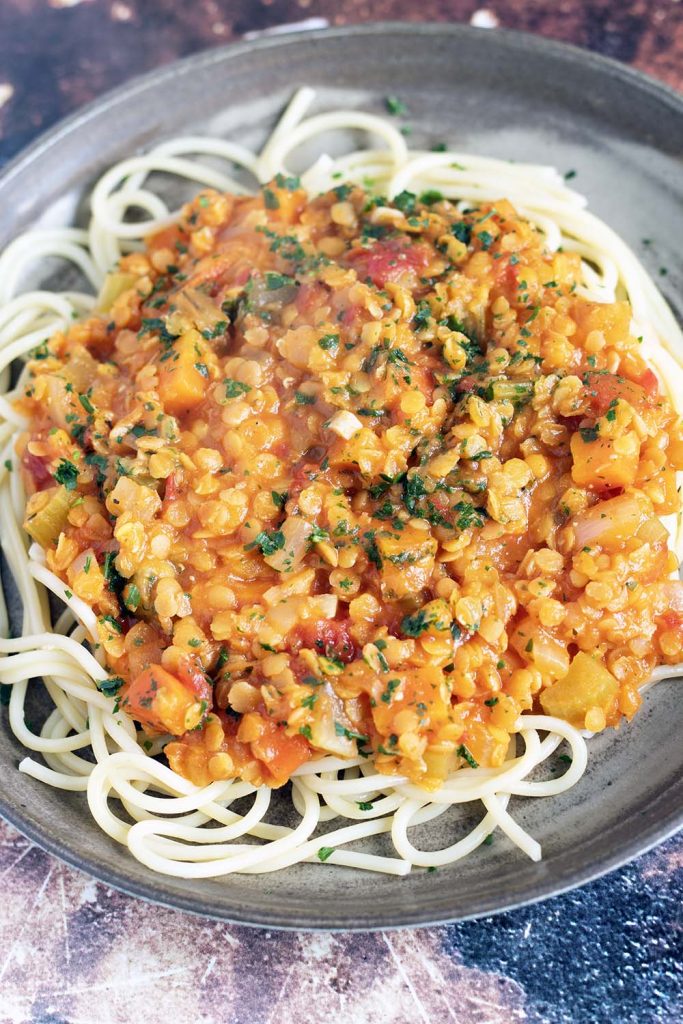 spaghetti with lentil bolognese
