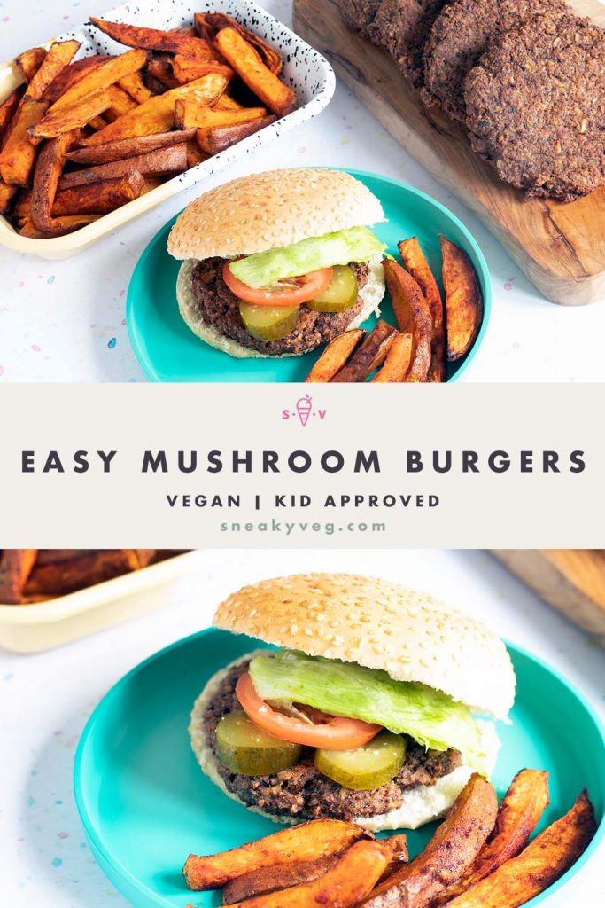 vegan mushroom burgers with sweet potato wedges on blue plate