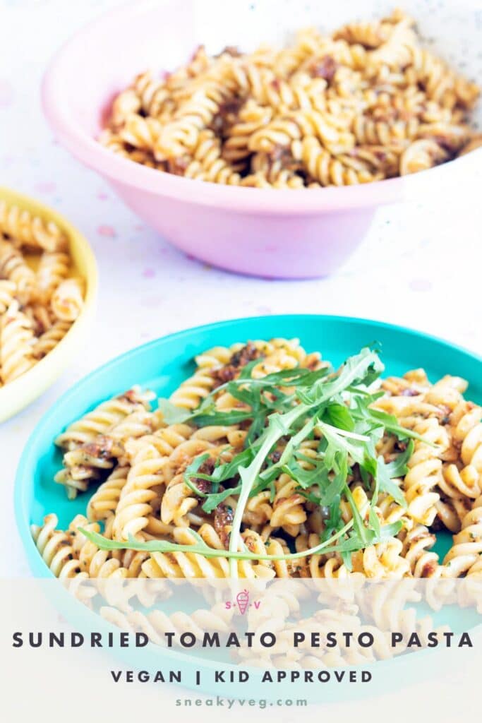 sundried tomato pasta pesto on colourful plates