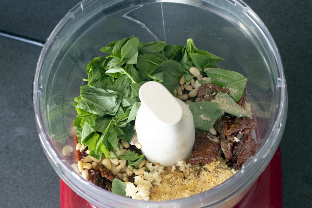 ingredients for sundried tomato pasta pesto in food processor