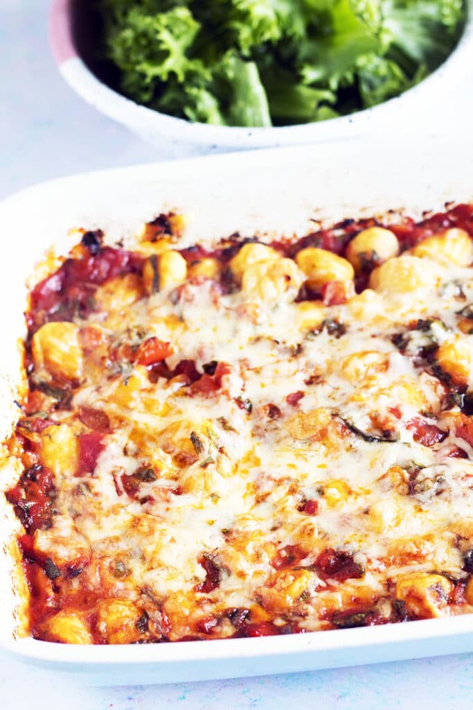 cheesy baked gnocchi in oven tray