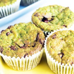 spinach and banana muffins on yellow plate and blue tray