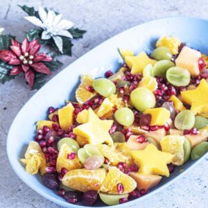 fruit salad in platter with festive flower decorations