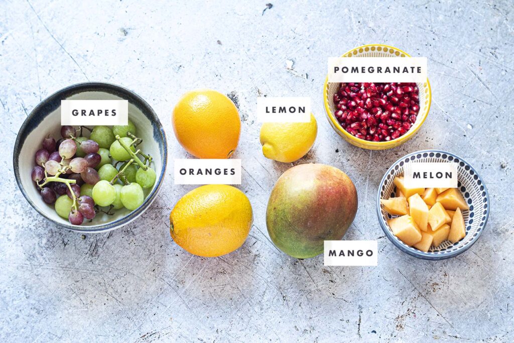 Grapes, oranges, lemon, mango, pomegranate and melon