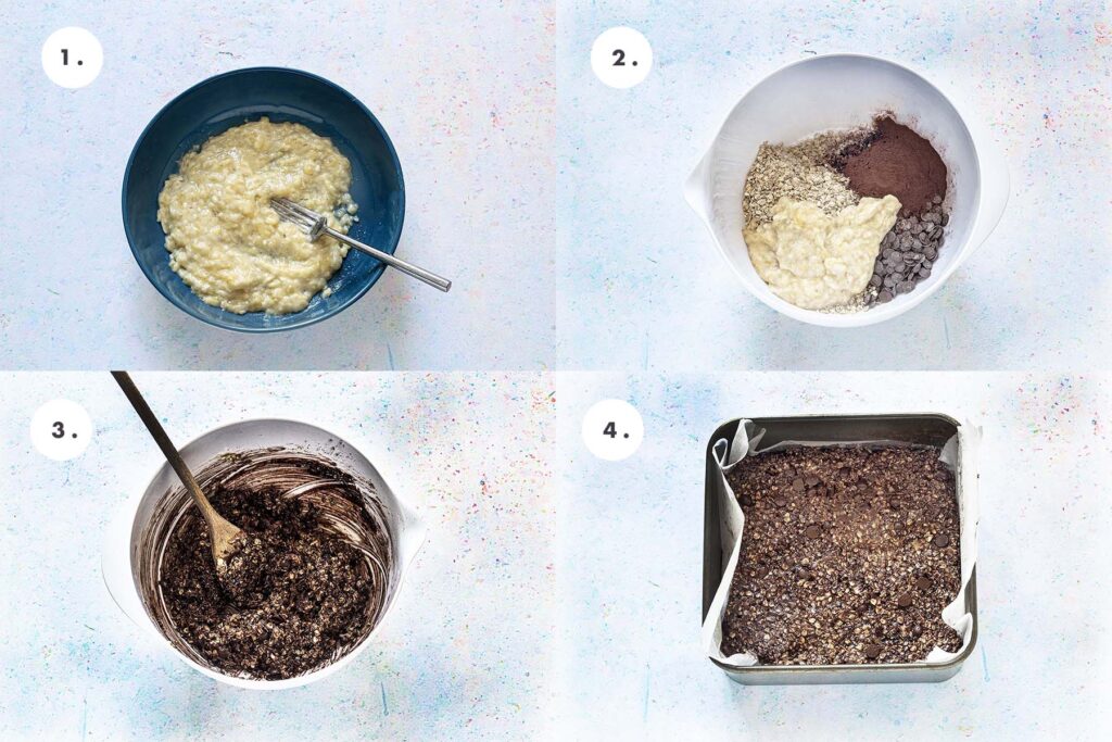 stages of making chocolate banana flapjacks