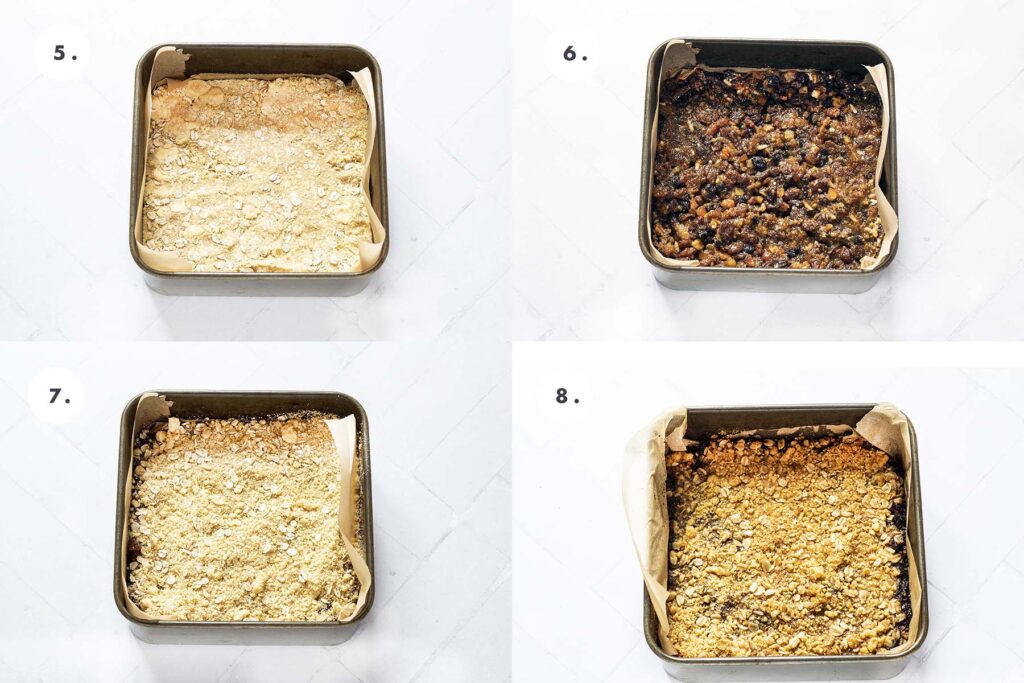 four images of cake tins with mincemeat crumble