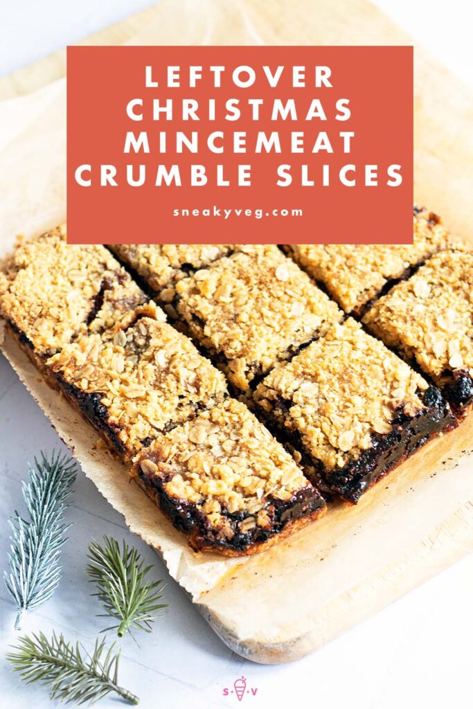 mincemeat crumble bars on board with Christmas decorations
