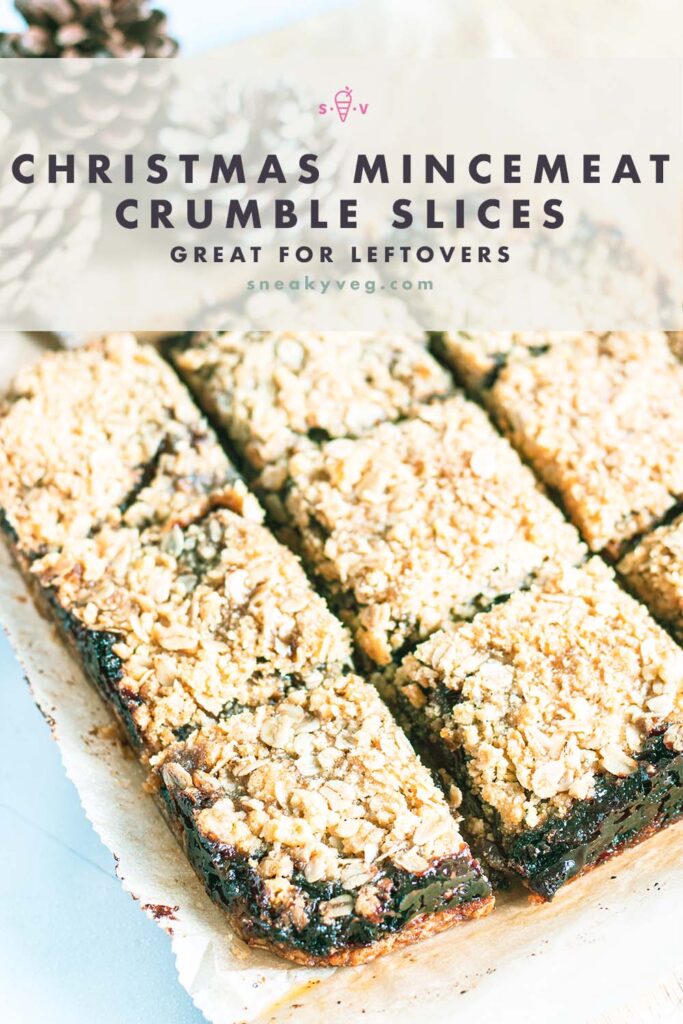 mincemeat crumble bars on board with Christmas decorations