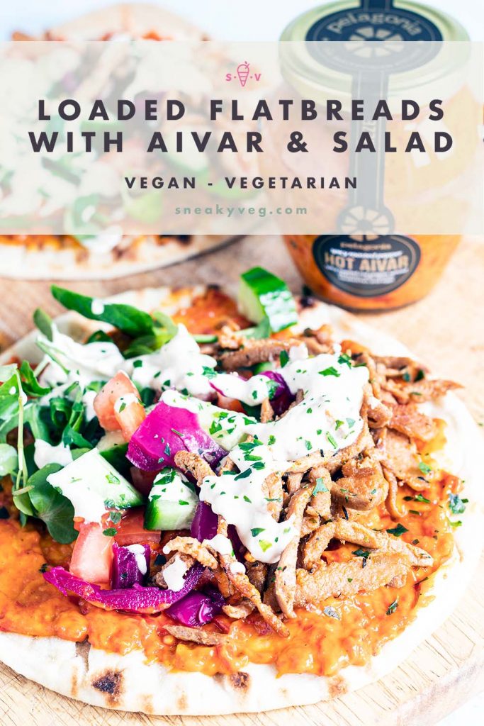 Vegan flatbreads topped with aivar, salad and vegan meat - jar of Pelagonia aivar