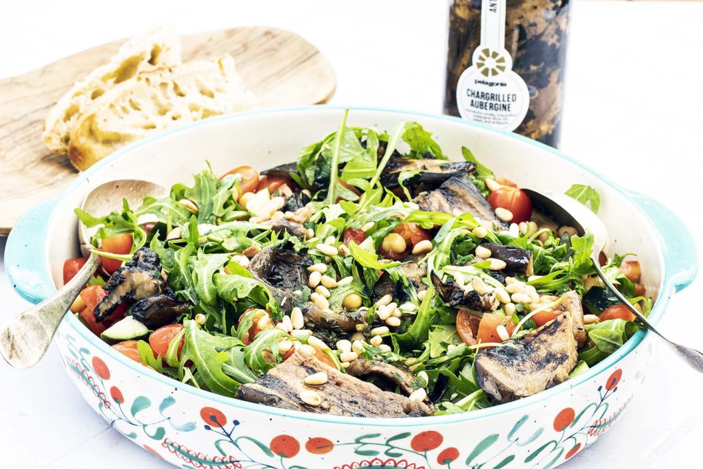 grilled aubergine and chickpea salad in bowl
