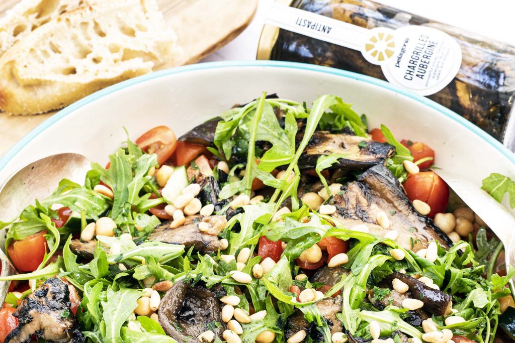 grilled aubergine and chickpea salad in bowl