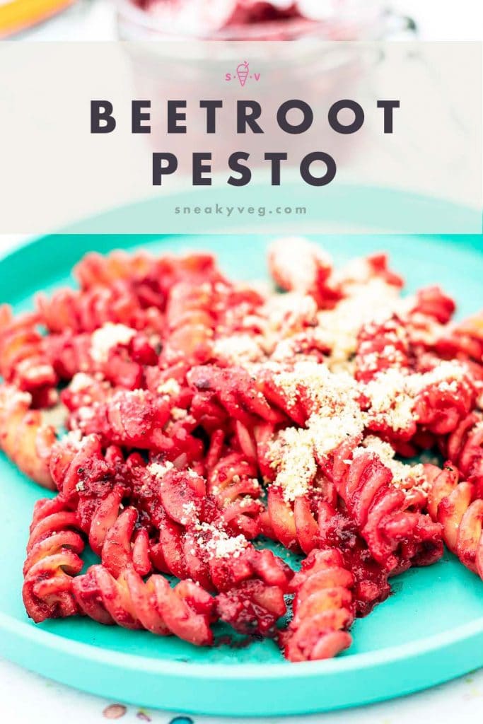 beetroot pesto with pasta on turquoise plate