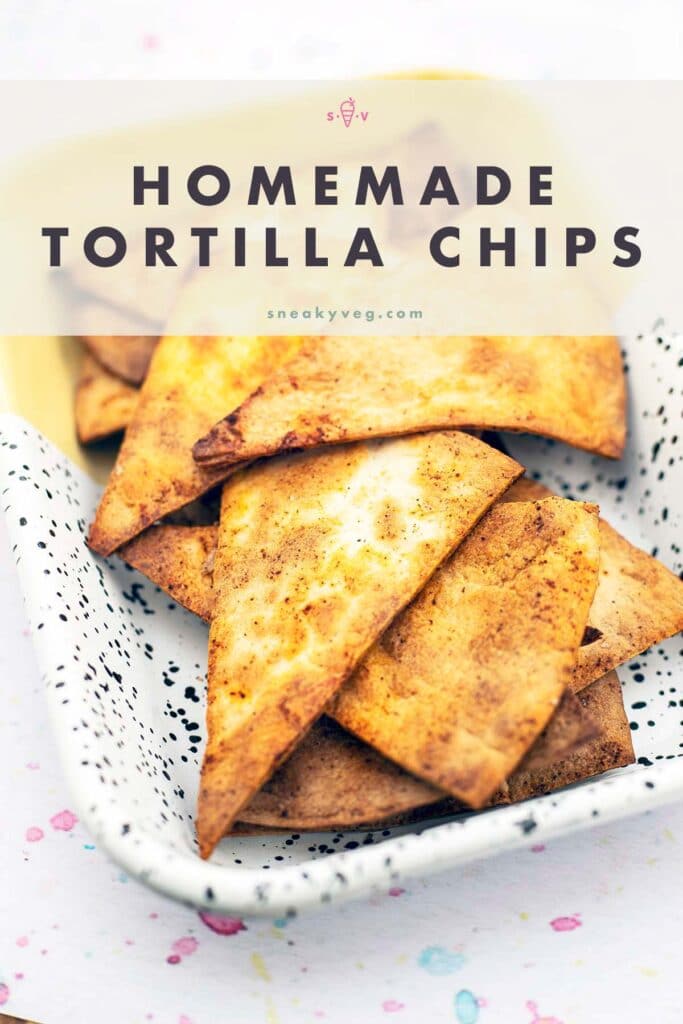 homemade tortilla chips in yellow and white baking dish