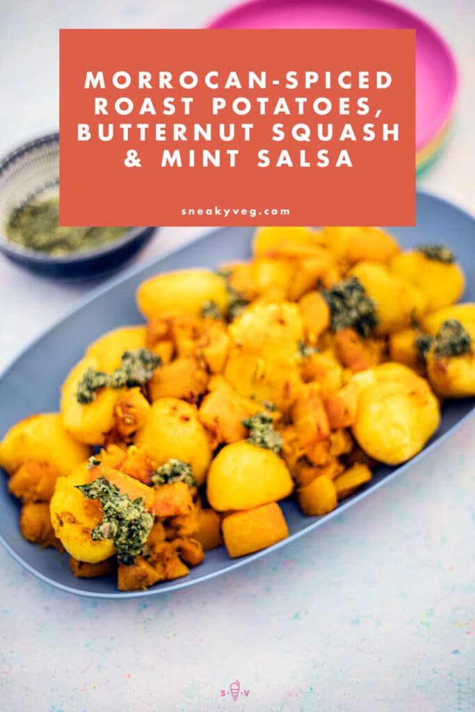 roast potatoes and squash with mint salsa in blue platter