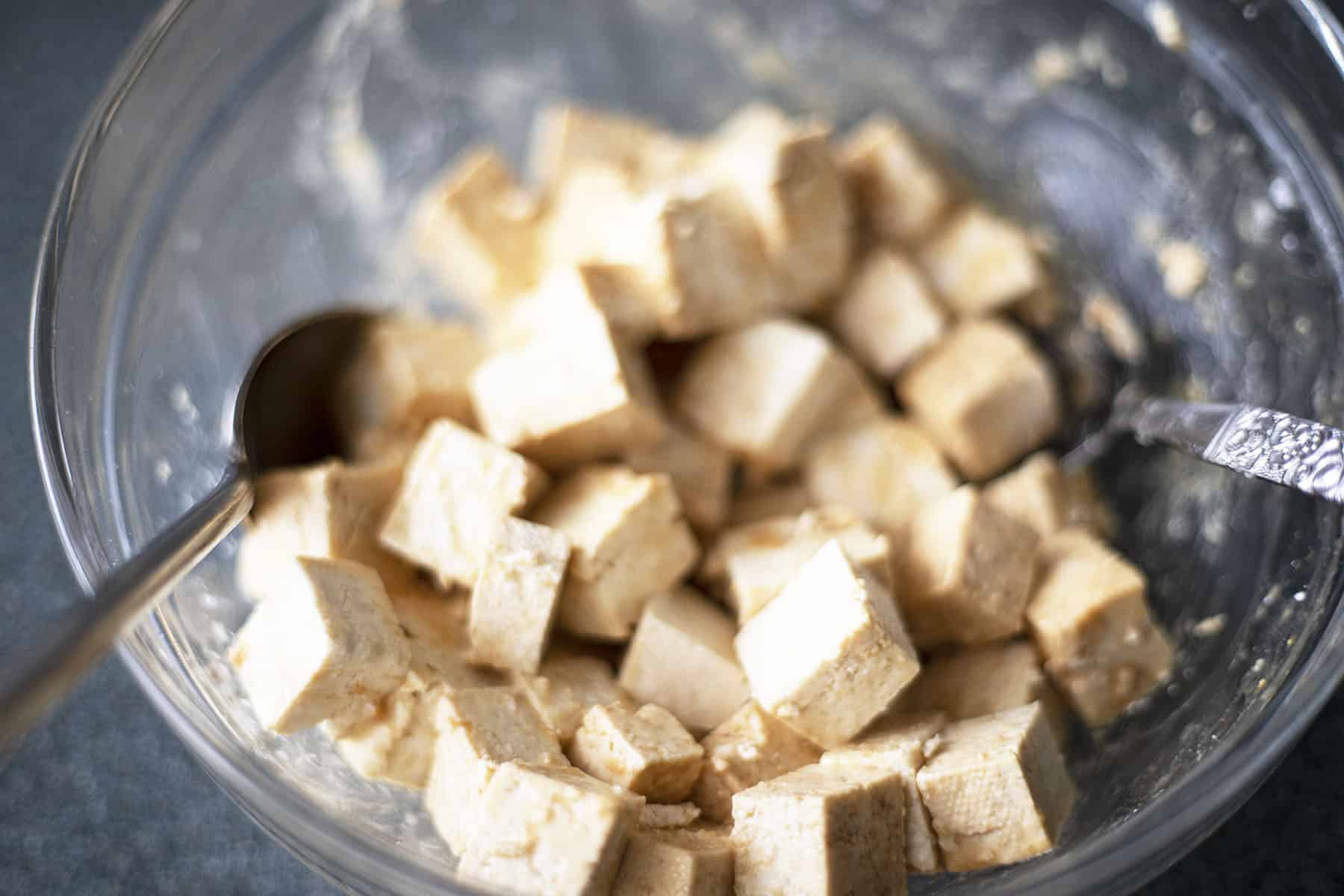 tofu in bowl with cornflour