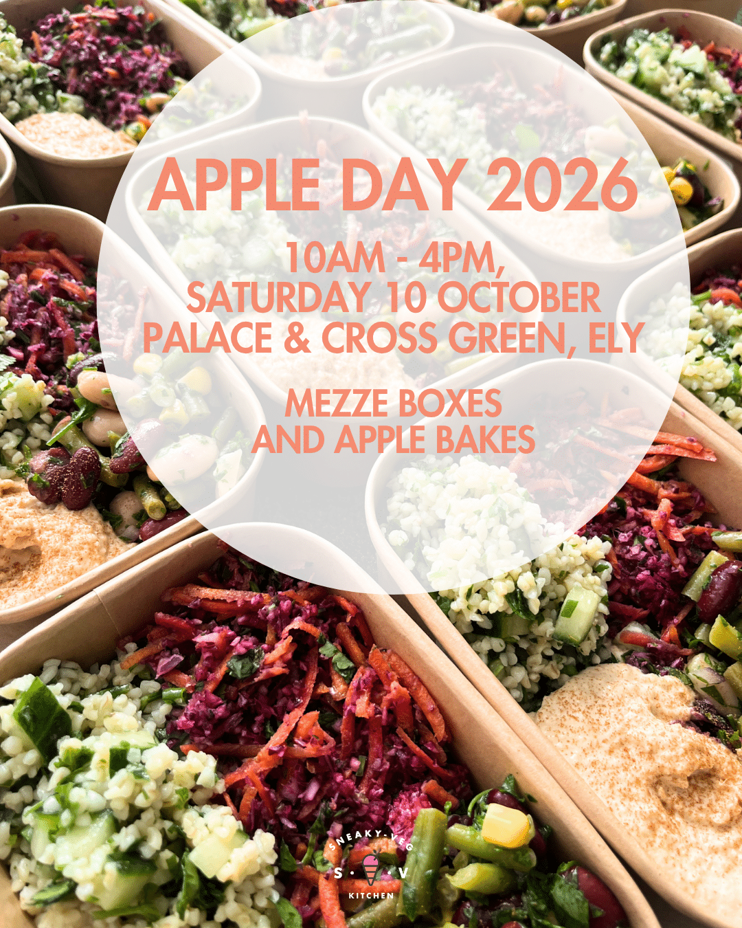 Photo of salad boxes with text overlaid about apple day in Ely 2026